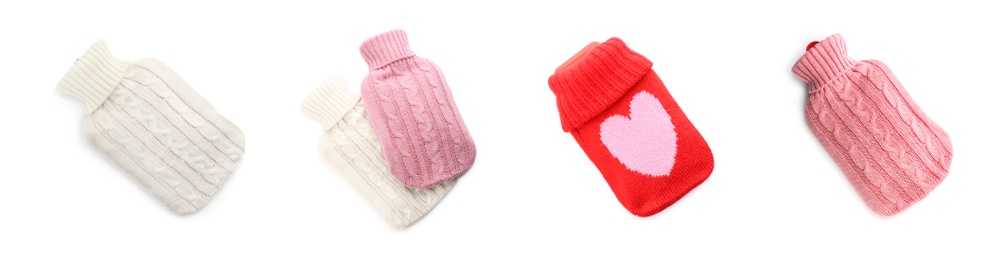 Image of Set of hot water bottles with knitted covers on white background. Banner design