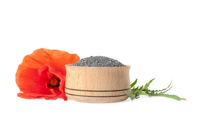 Photo of Poppy seeds in wooden bowl and flower on white background