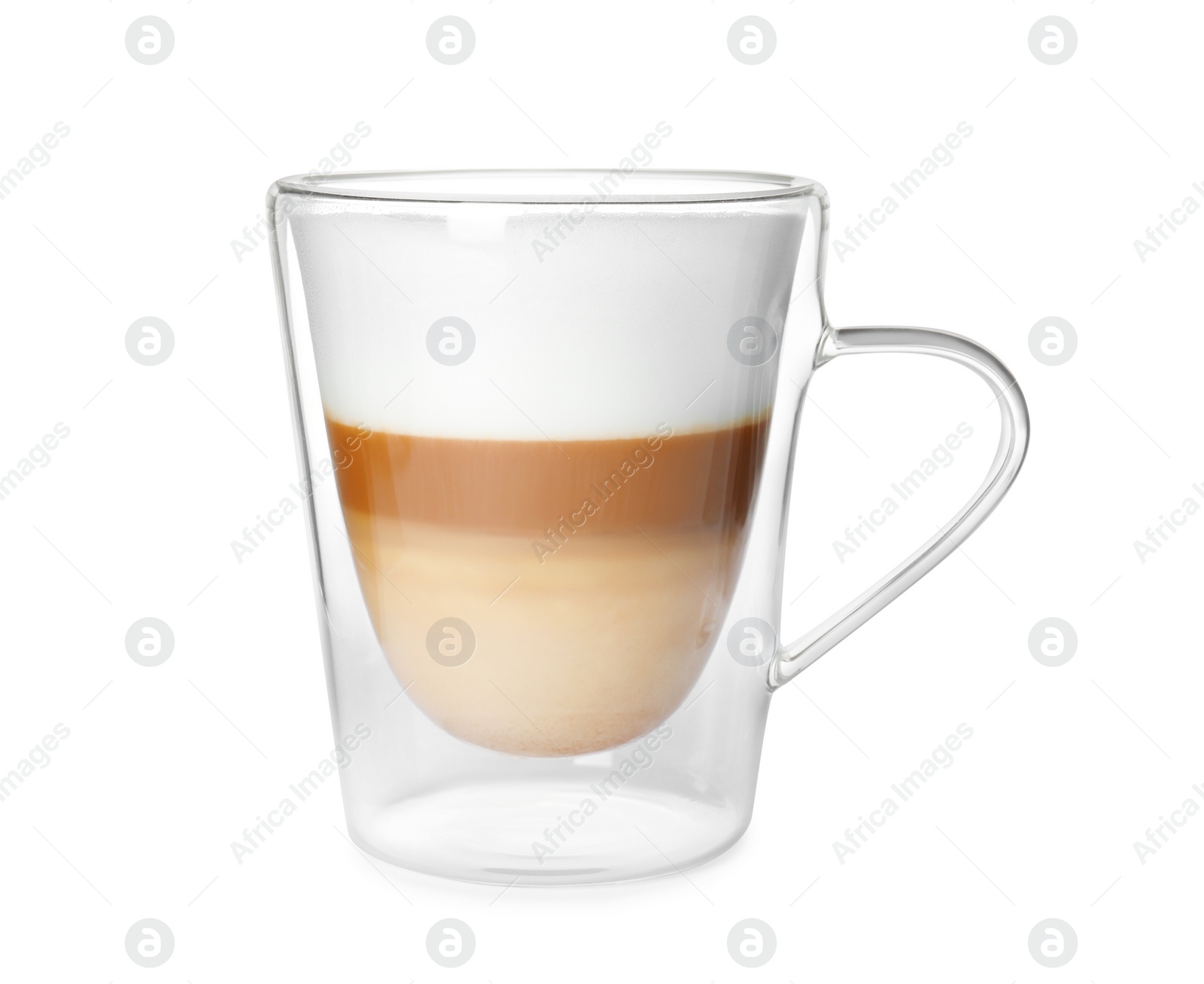 Photo of Glass cup of delicious latte macchiato isolated on white