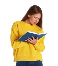 Photo of Beautiful young woman reading book on white background
