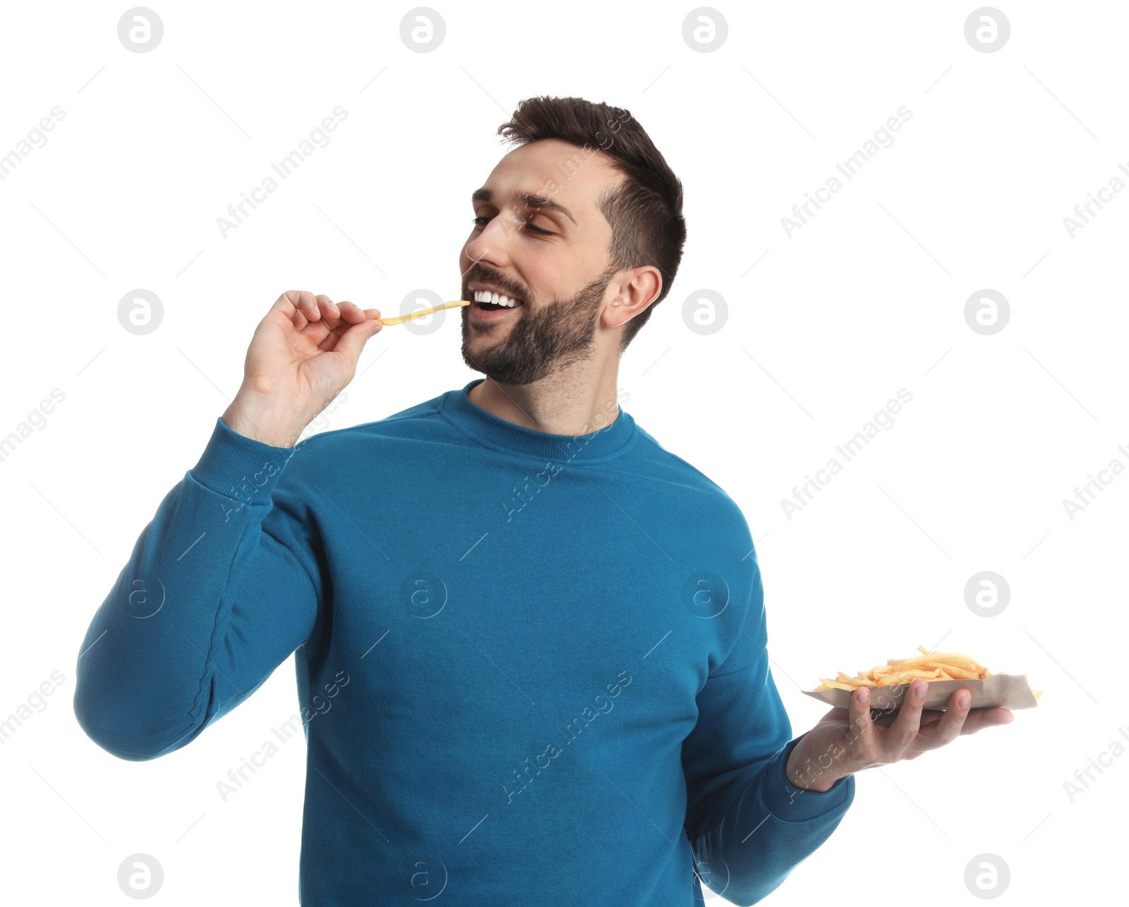 Photo of Man eating French fries on white background