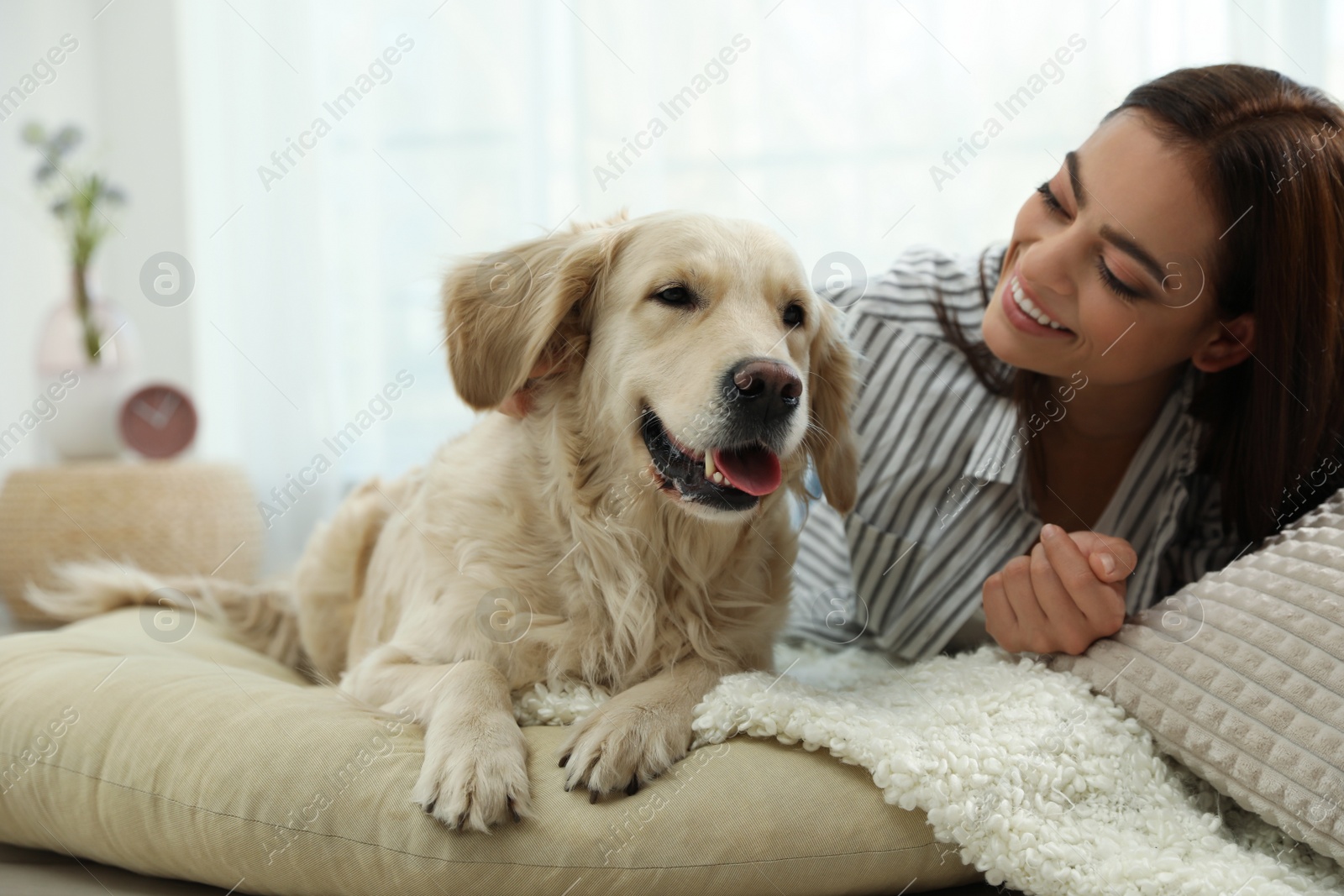 Photo of Young woman and her Golden Retriever at home. Adorable pet