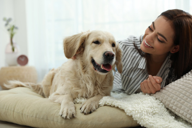 Young woman and her Golden Retriever at home. Adorable pet