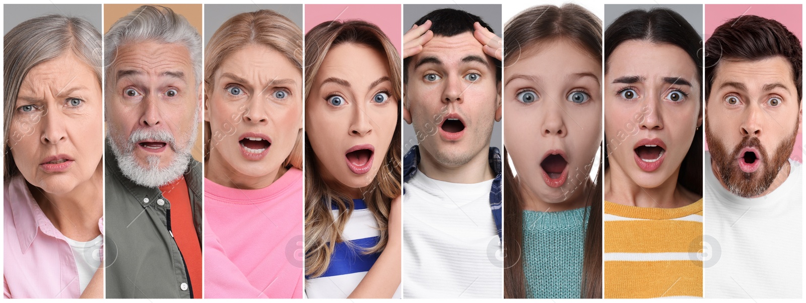 Image of Collage with photos of surprised people on different color backgrounds