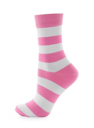 Photo of New striped sock isolated on white. Footwear accessory