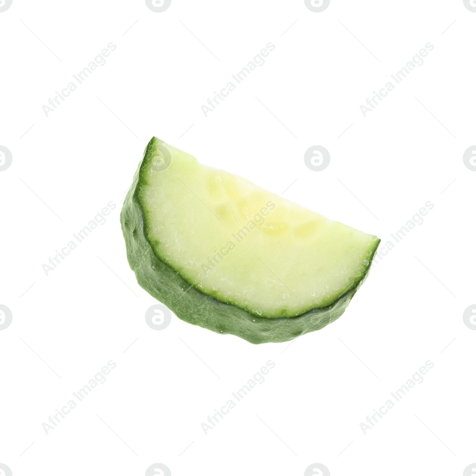 Photo of Piece of fresh cucumber on white background