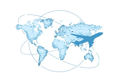 Illustration of Airplane flying around world on white background, illustration
