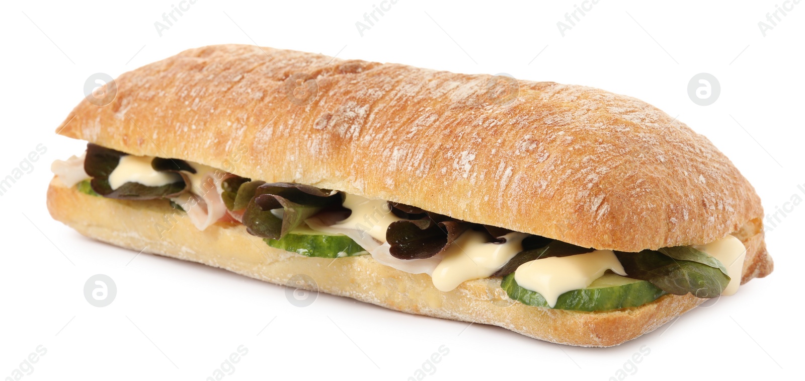 Photo of Delicious sandwich with vegetables, ham and mayonnaise isolated white