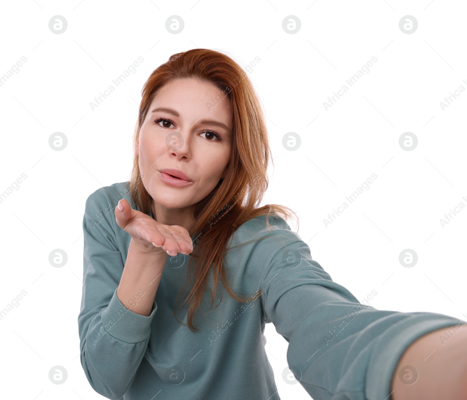 Photo of Beautiful woman taking selfie on white background