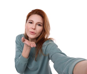 Photo of Beautiful woman taking selfie on white background