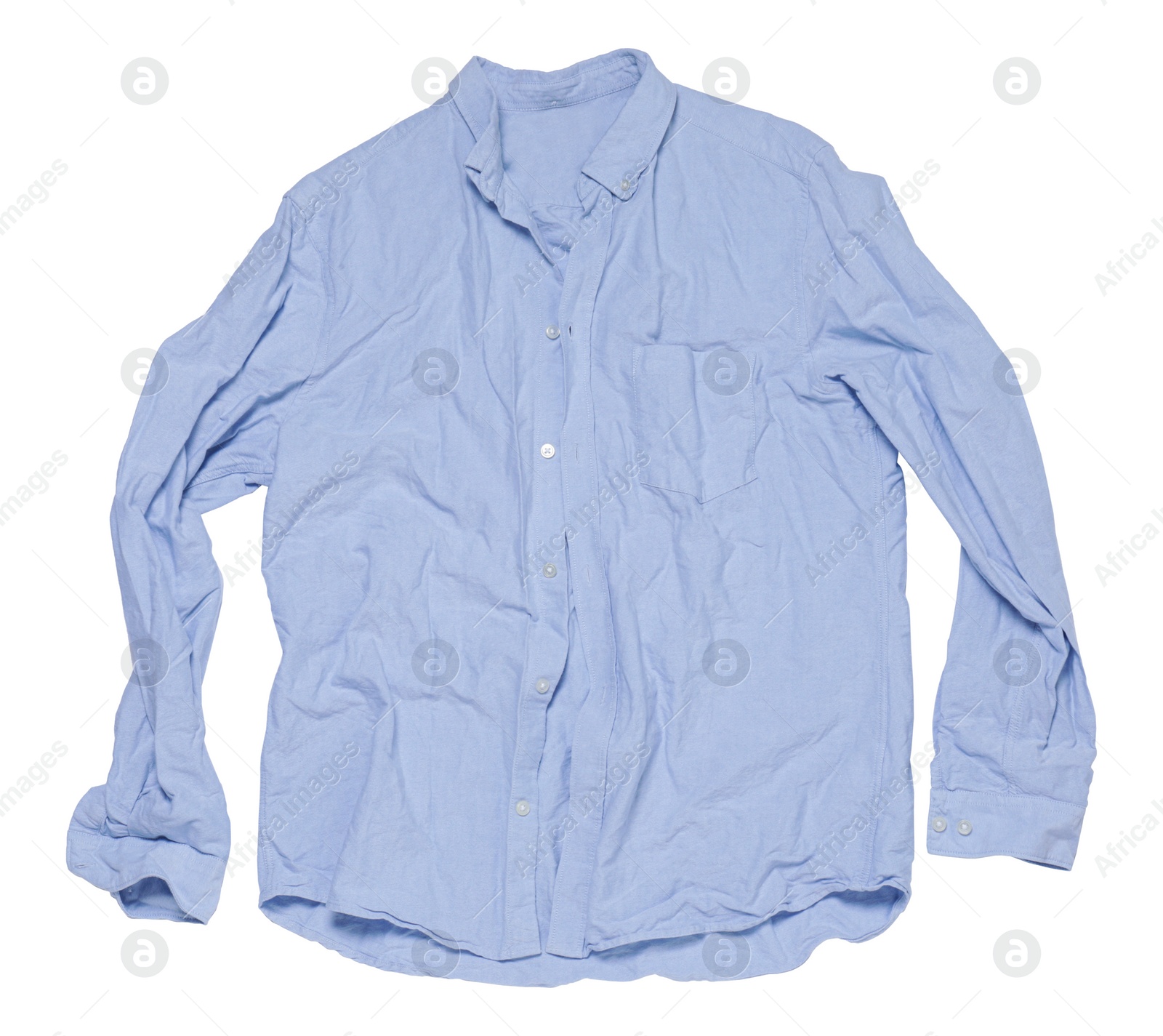 Photo of Crumpled light blue shirt on white background, top view