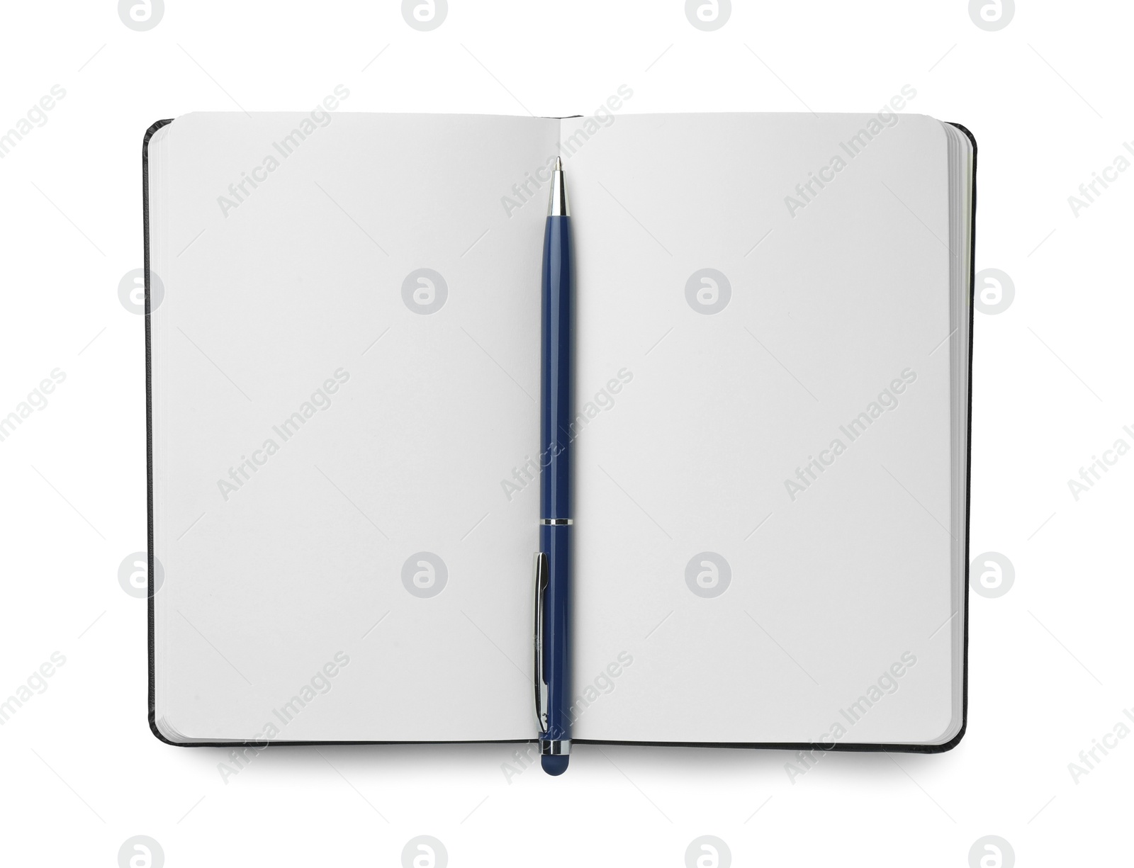 Photo of Open notebook with blank pages and pen isolated on white, top view