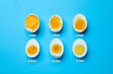 Image of Different readiness stages of boiled chicken eggs on light blue background, flat lay