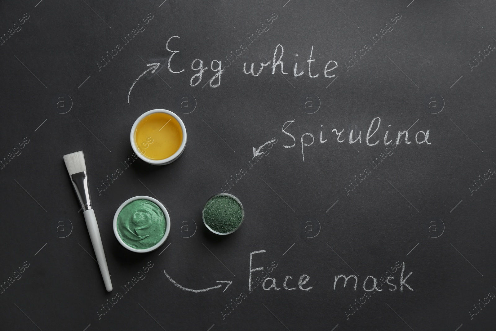 Photo of Spirulina facial mask and ingredients with written names on black background, flat lay