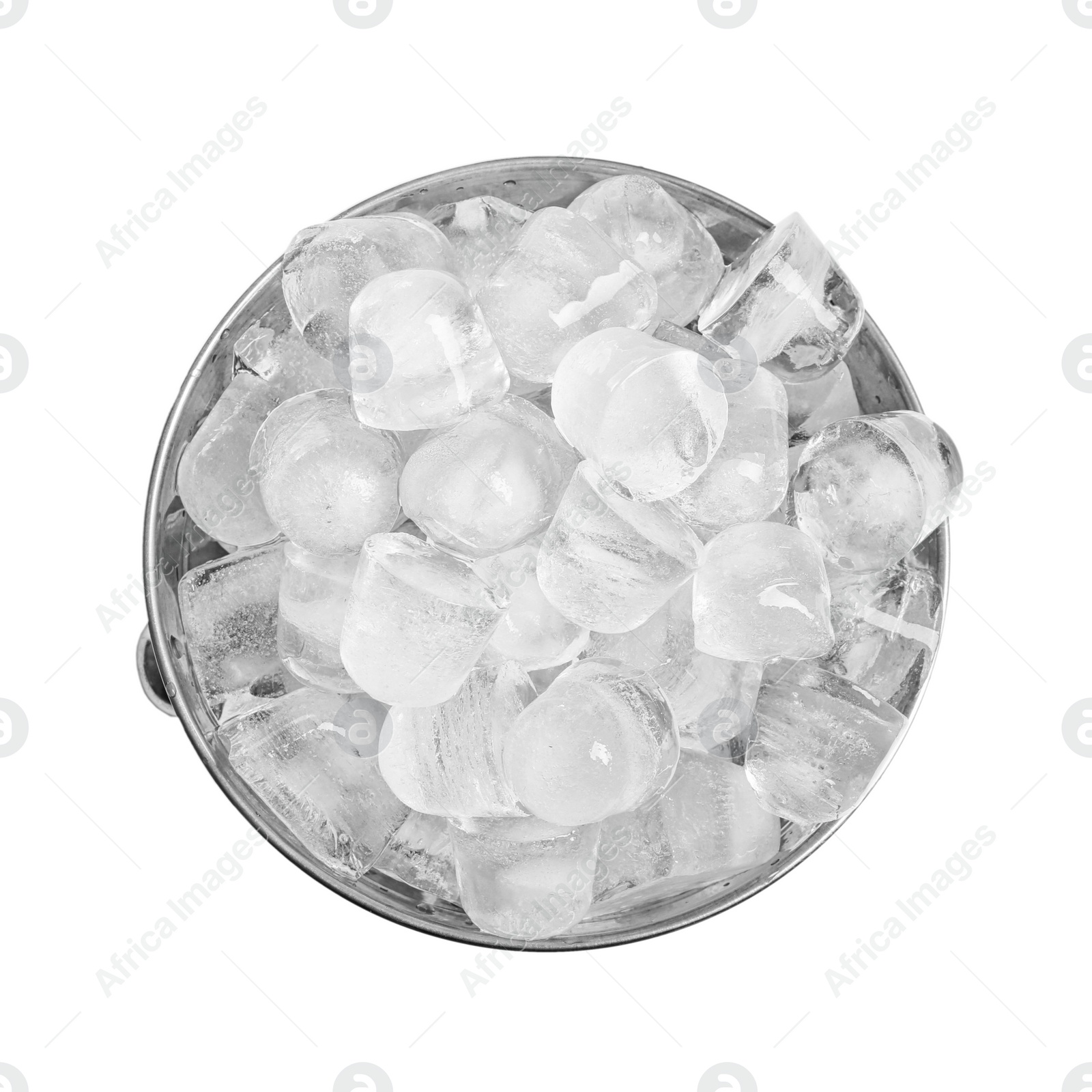 Photo of Metal bucket with pieces of ice on white background, top view