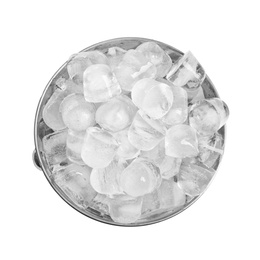 Photo of Metal bucket with pieces of ice on white background, top view
