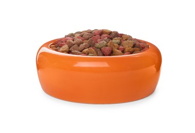 Photo of Dry food in orange pet bowl isolated on white