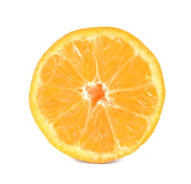 Photo of Cut ripe tangerine on white background. Citrus fruit