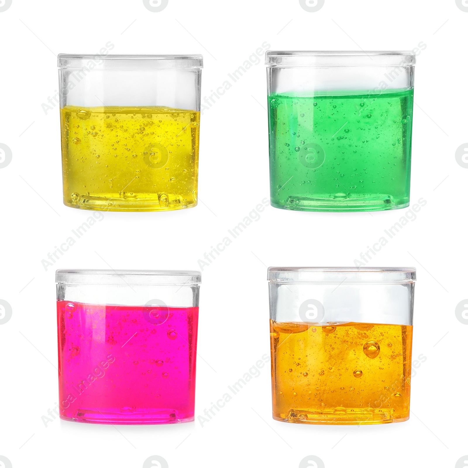 Image of Set of different colorful slimes on white background. Antistress toy 