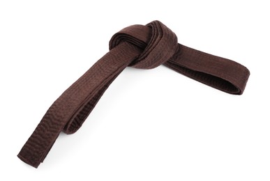 Brown karate belt isolated on white. Martial arts uniform