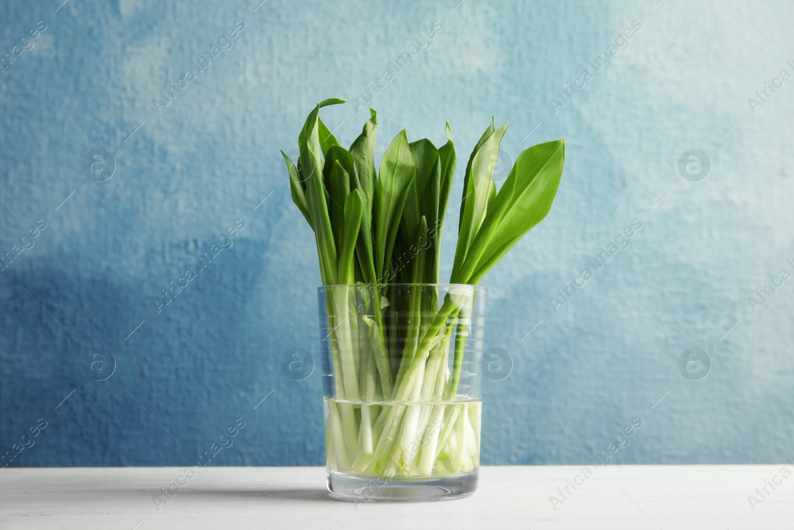 Photo of Glass of wild garlic or ramson on table against color background