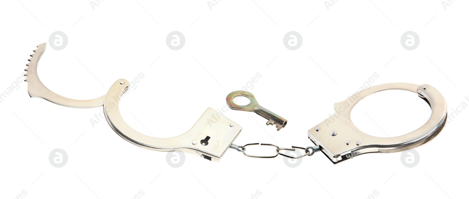 Photo of Classic chain handcuffs with key on white background