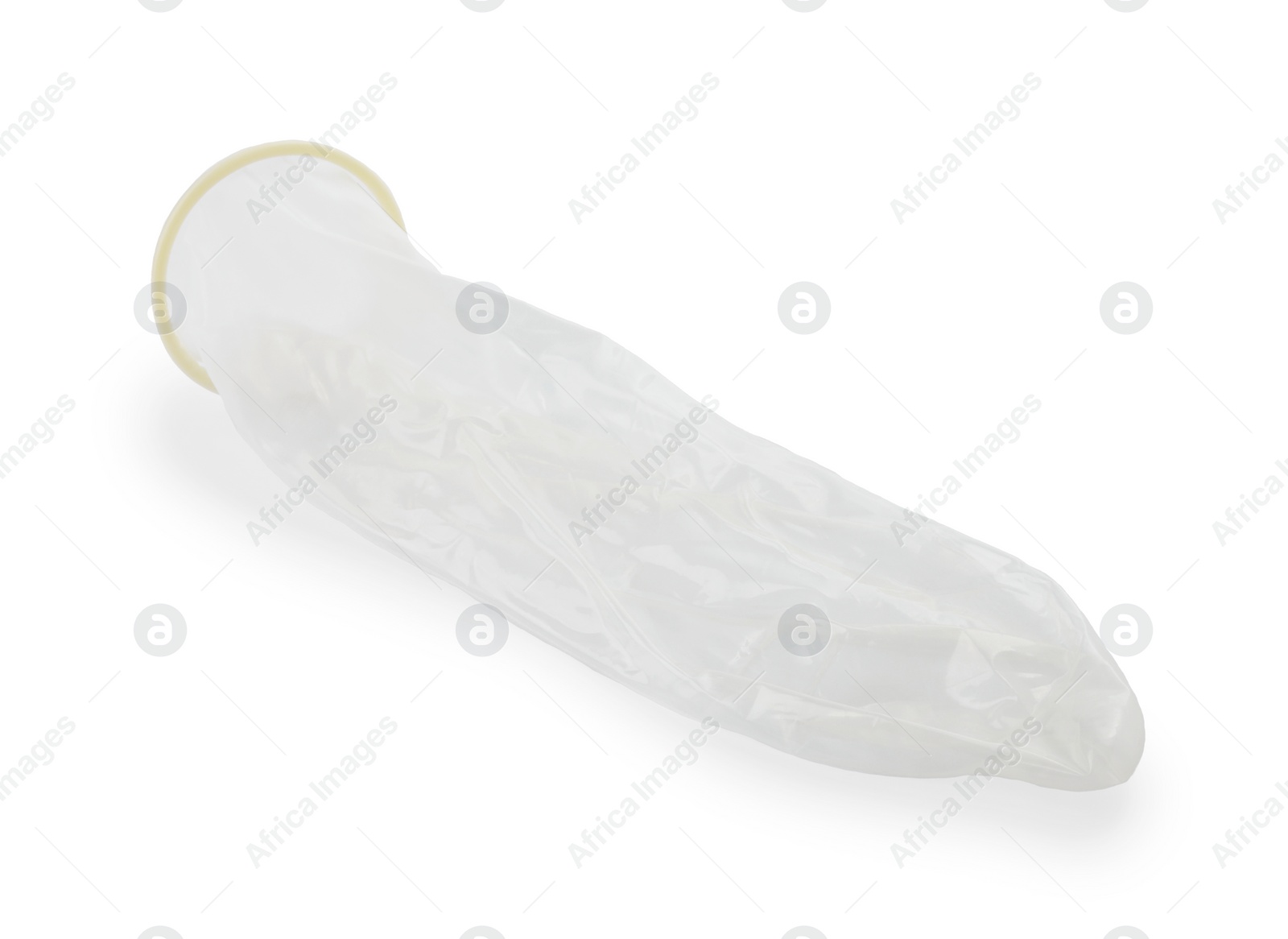 Photo of Unrolled condom on white background. Safe sex