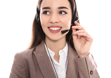 Portrait of technical support operator with headset on white background