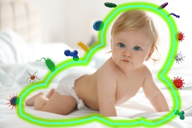 Strong immunity as shield protecting little baby from viruses and bacteria, illustration