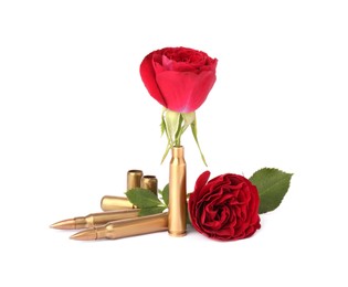 Bullets and cartridge cases with beautiful rose flowers isolated on white