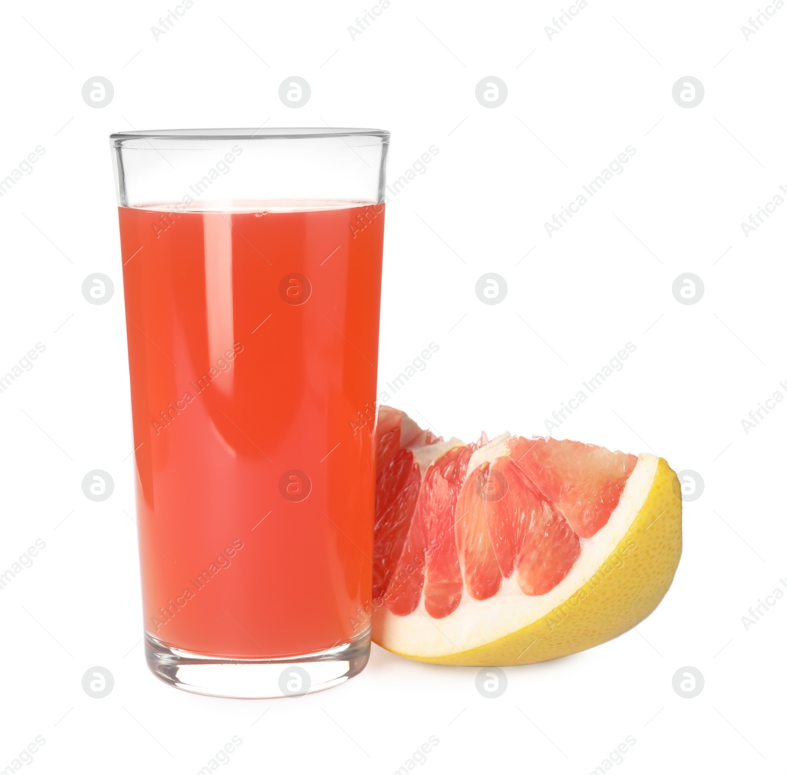 Photo of Glass of pink pomelo juice and fruit isolated on white