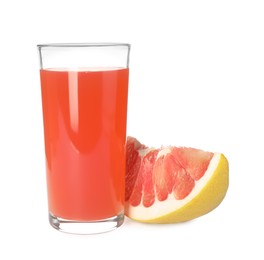 Glass of pink pomelo juice and fruit isolated on white