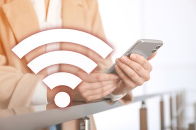 Image of Woman using smartphone connected to WiFi indoors, closeup