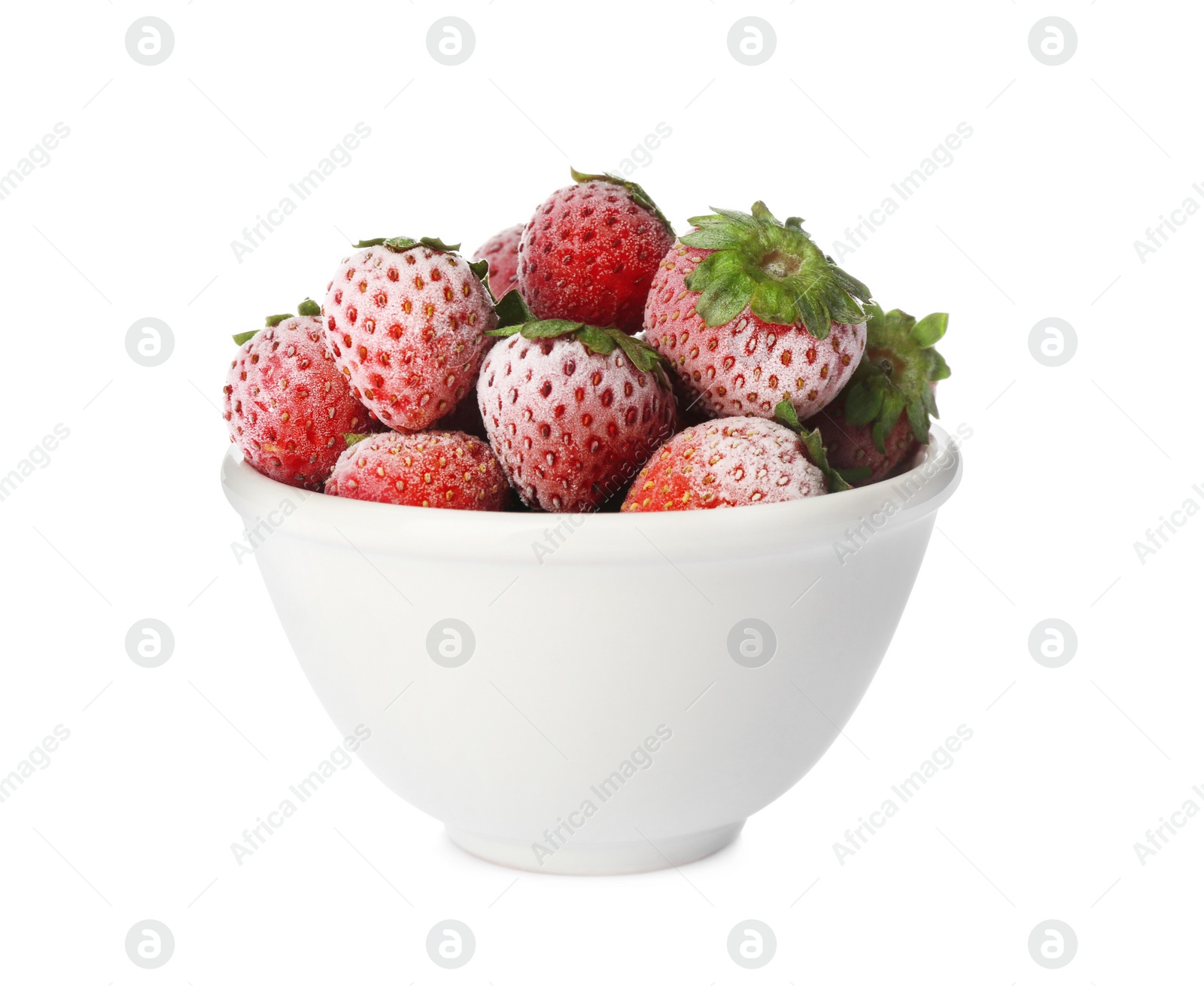 Photo of Tasty frozen strawberries in bowl on white background