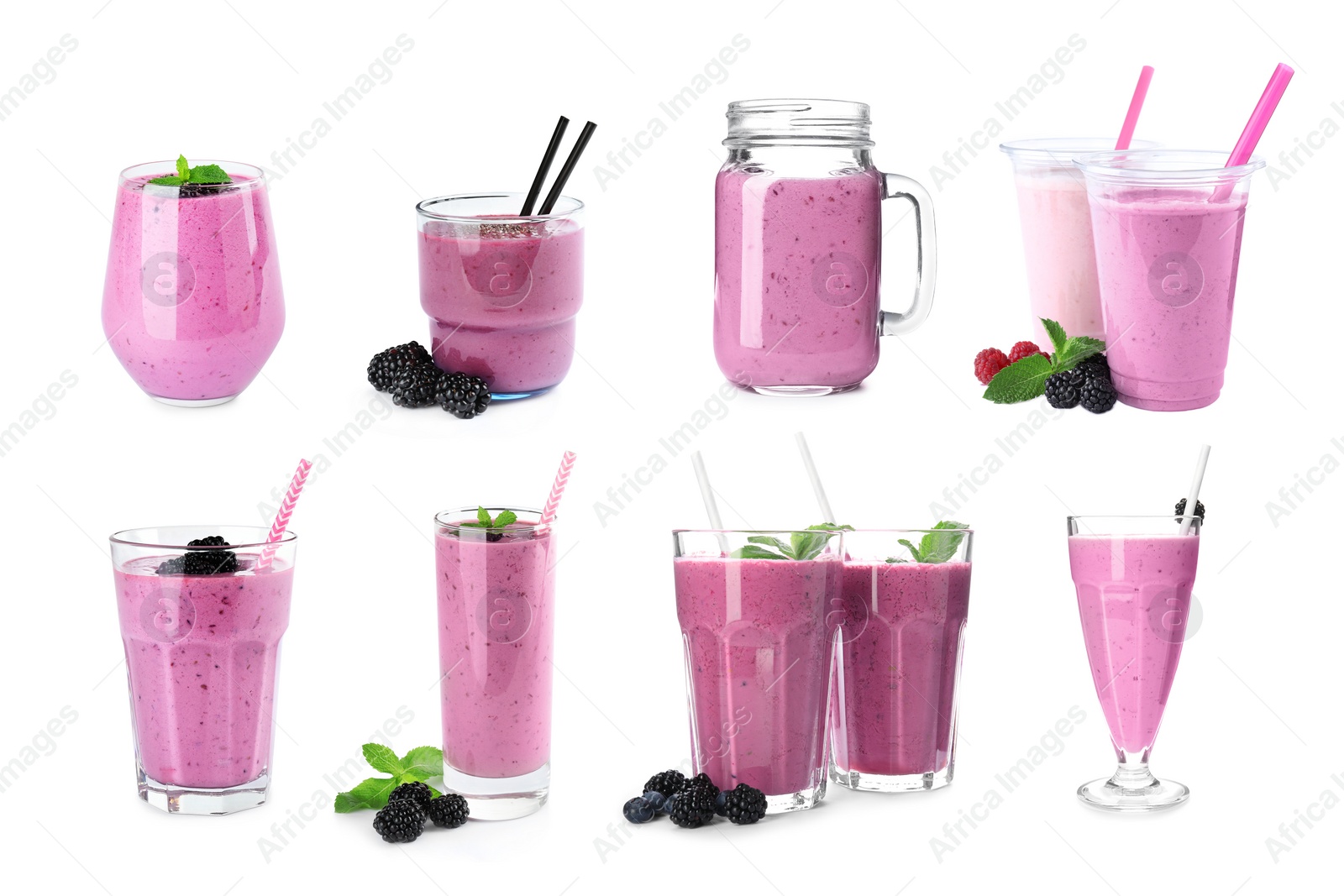 Image of Set with delicious blackberry smoothies on white background