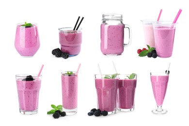 Image of Set with delicious blackberry smoothies on white background