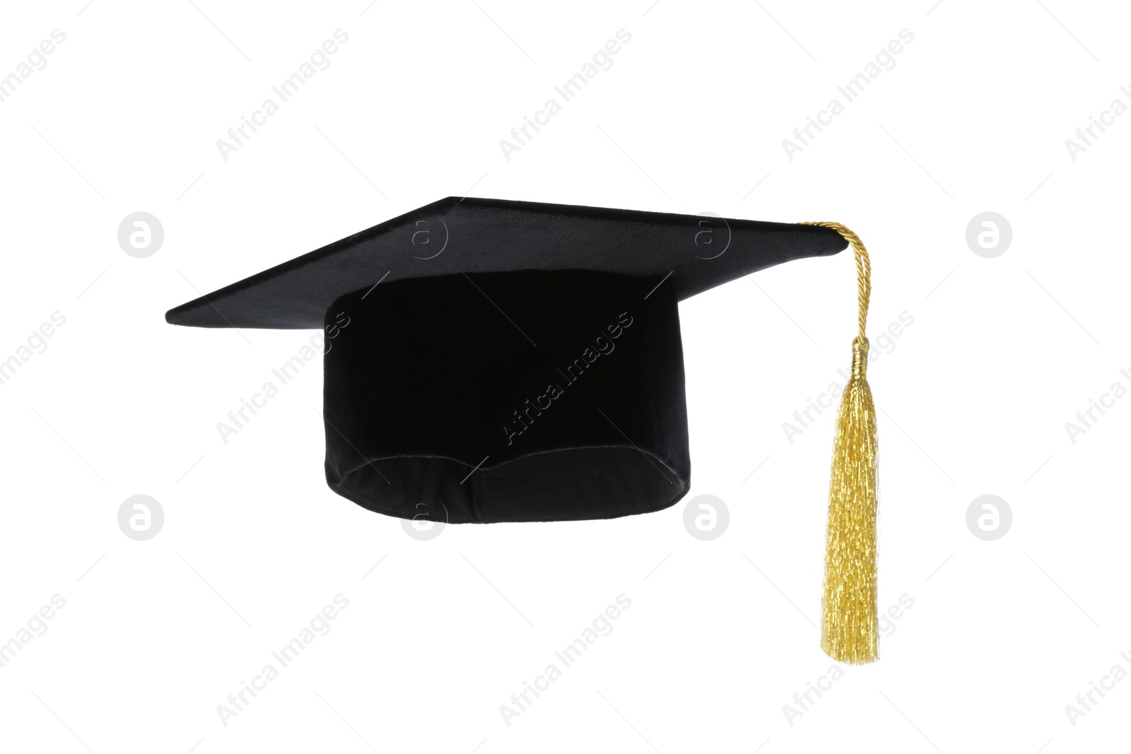 Photo of Graduation hat with gold tassel isolated on white