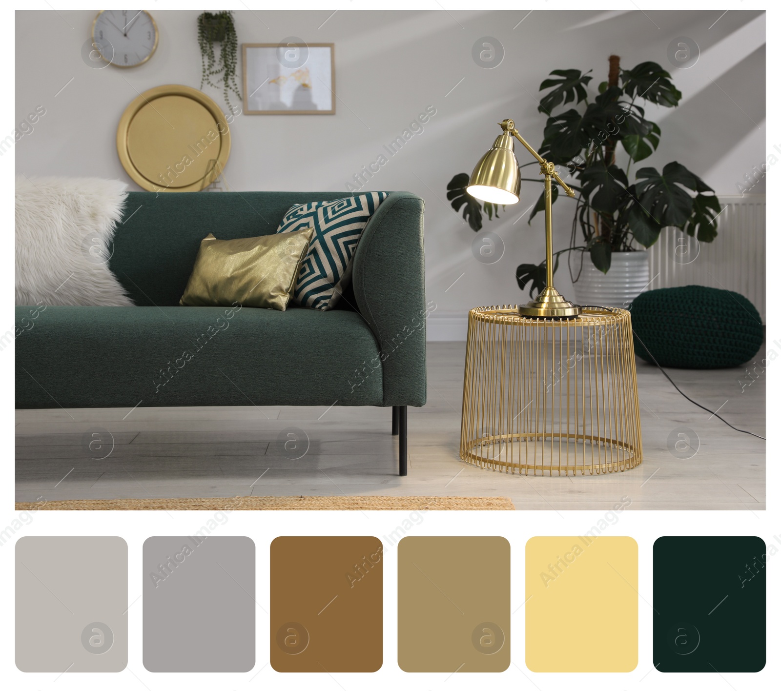 Image of Color palette and photo of stylish living room interior. Collage