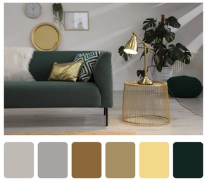 Image of Color palette and photo of stylish living room interior. Collage