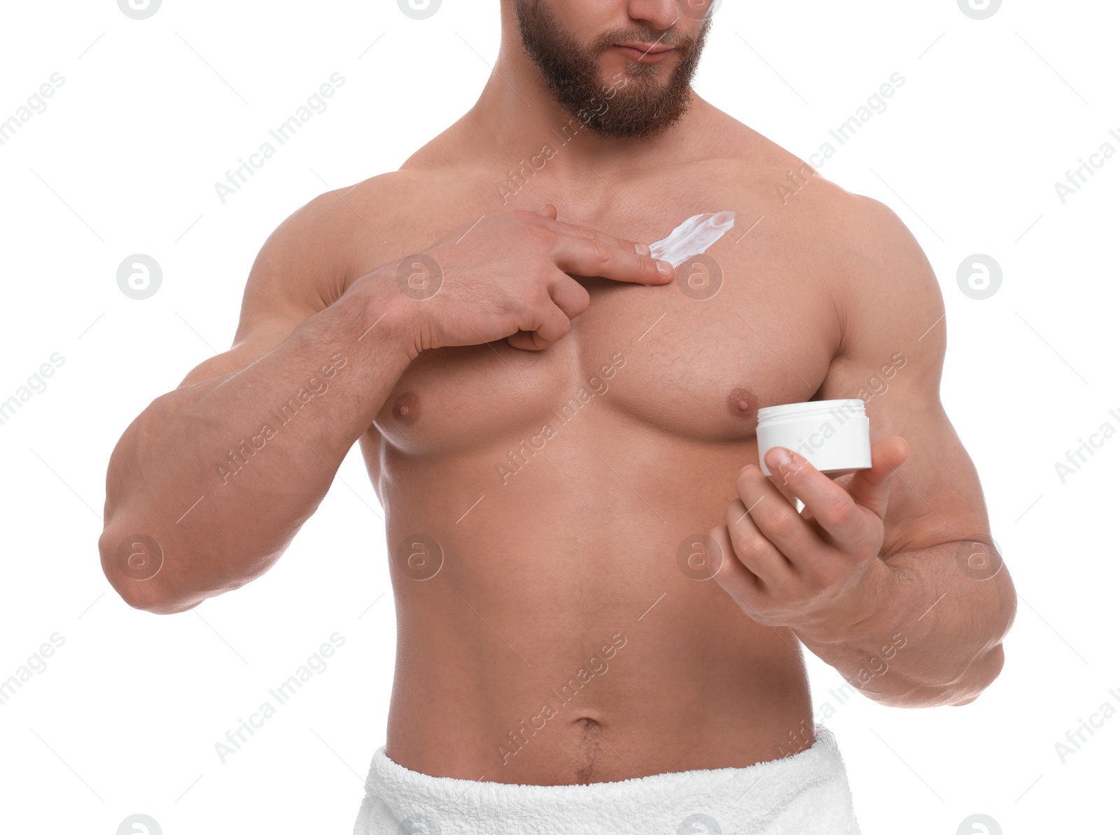 Photo of Man applying body cream onto his chest on white background, closeup