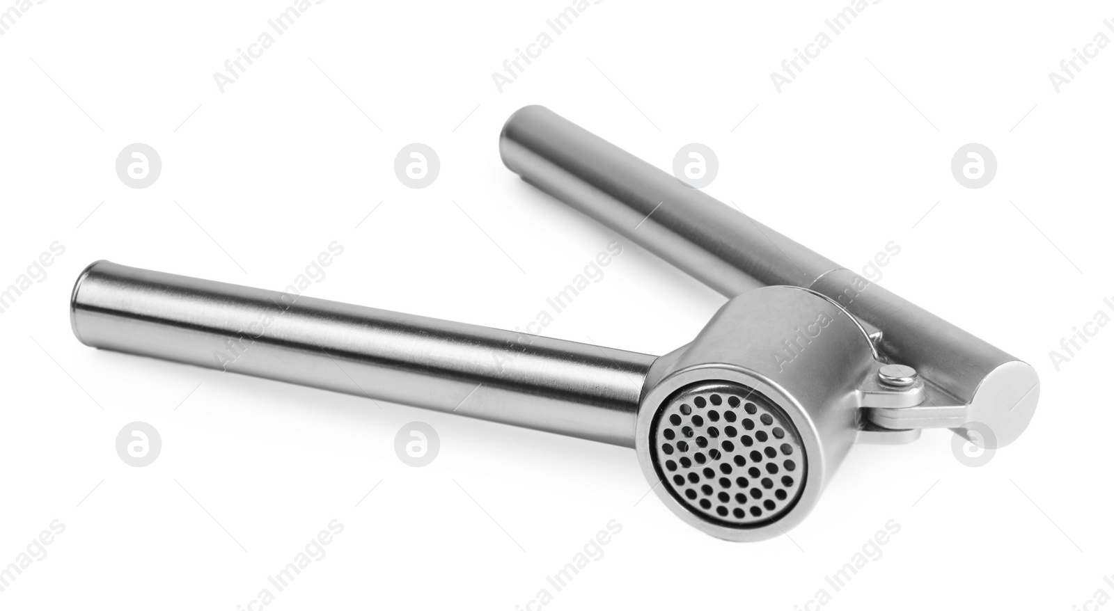 Photo of One metal garlic press isolated on white