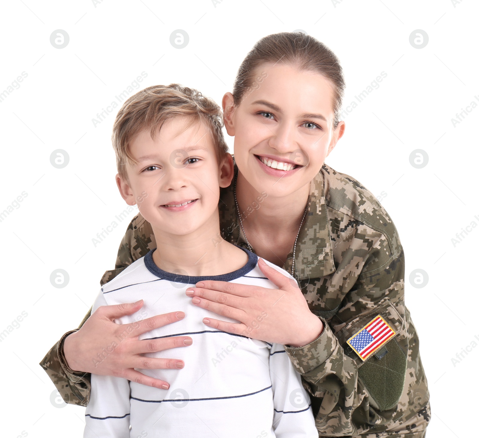 Photo of Female soldier with her son on white background. Military service