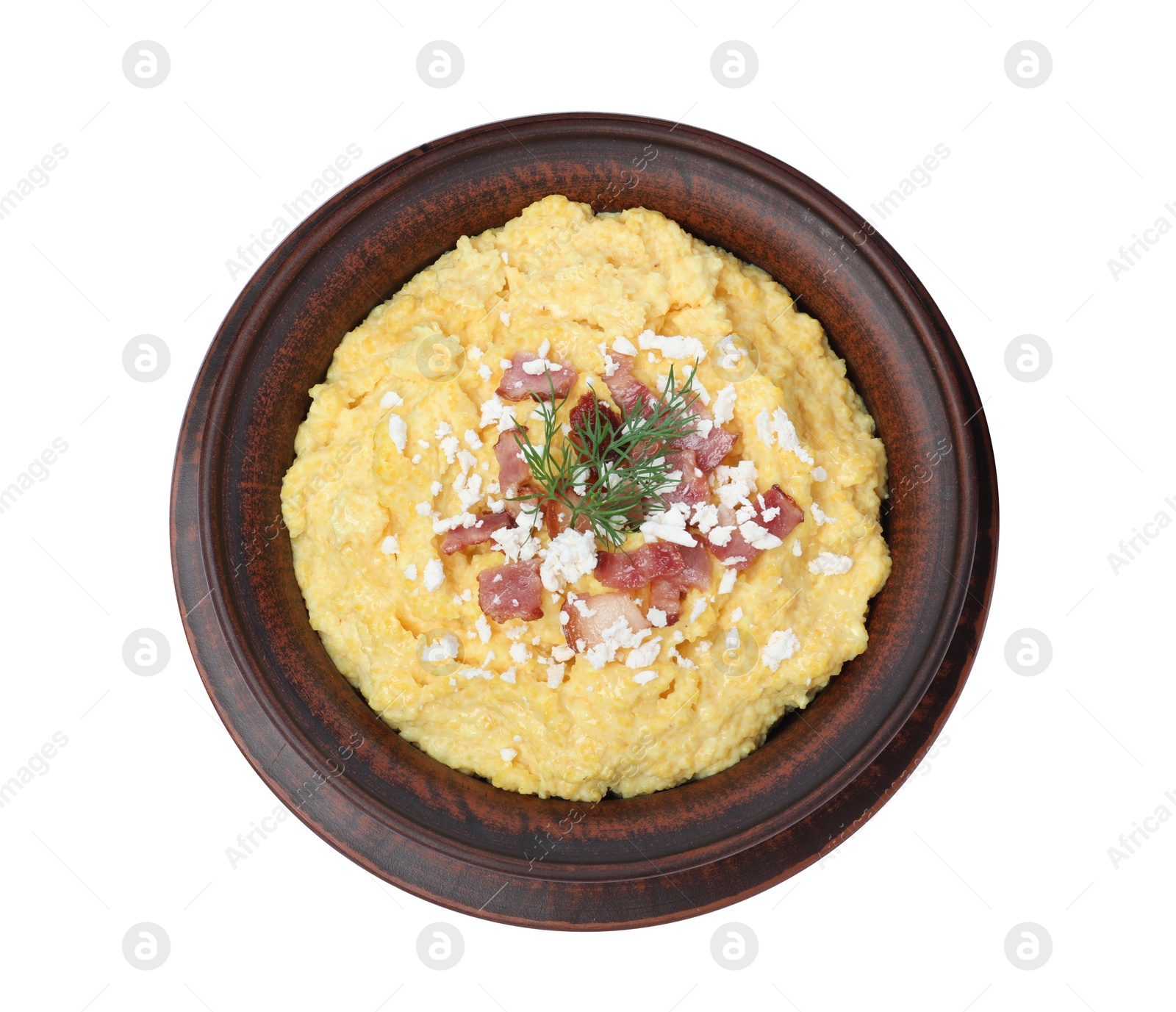 Photo of Tasty banosh with brynza and pork cracklings in bowl isolated on white, top view. Traditional Ukrainian dish