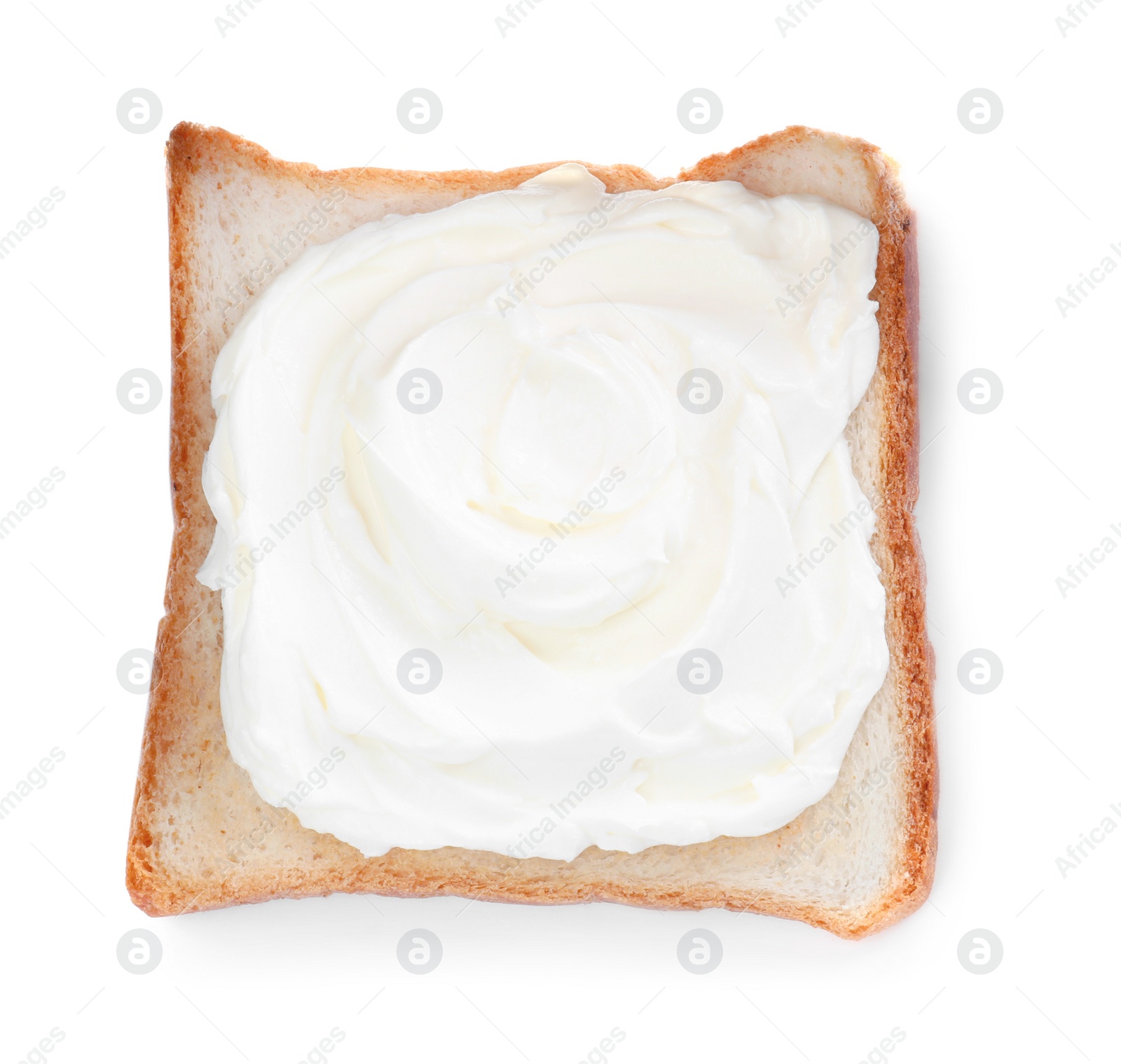 Photo of Slice of bread with tasty cream cheese isolated on white, top view