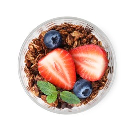 Photo of Tasty granola with berries and mint in glass isolated on white, top view