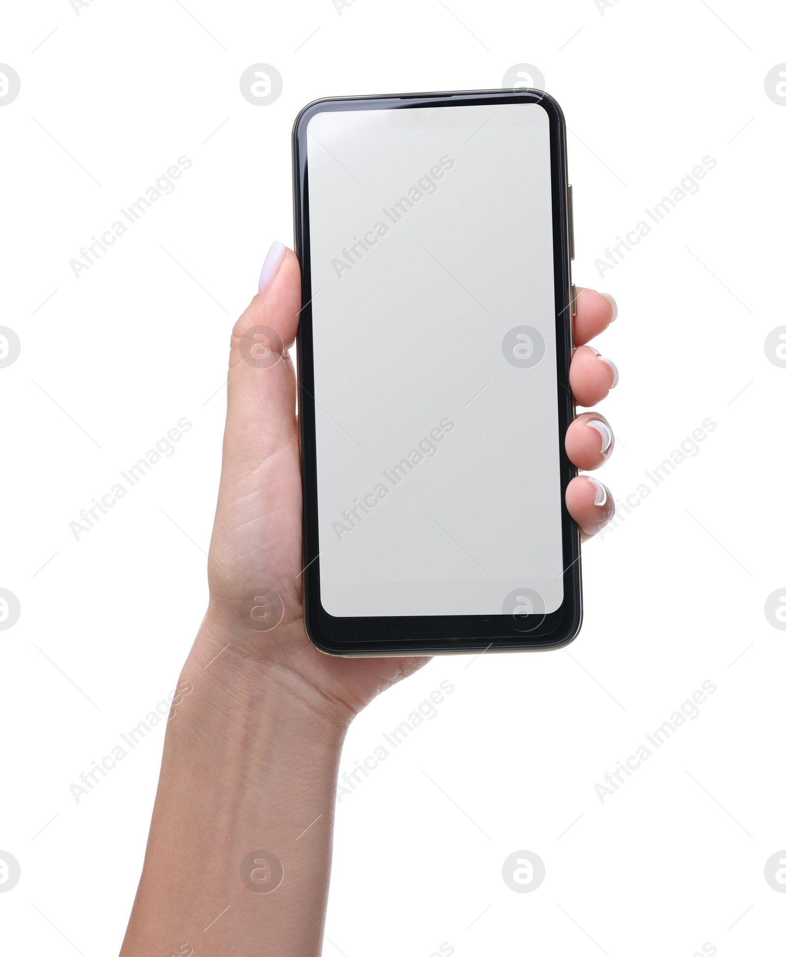 Photo of Woman holding smartphone with blank screen isolated on white, closeup. Mockup for design