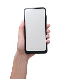 Photo of Woman holding smartphone with blank screen isolated on white, closeup. Mockup for design