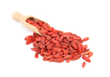 Wooden scoop with dried goji berries on white background