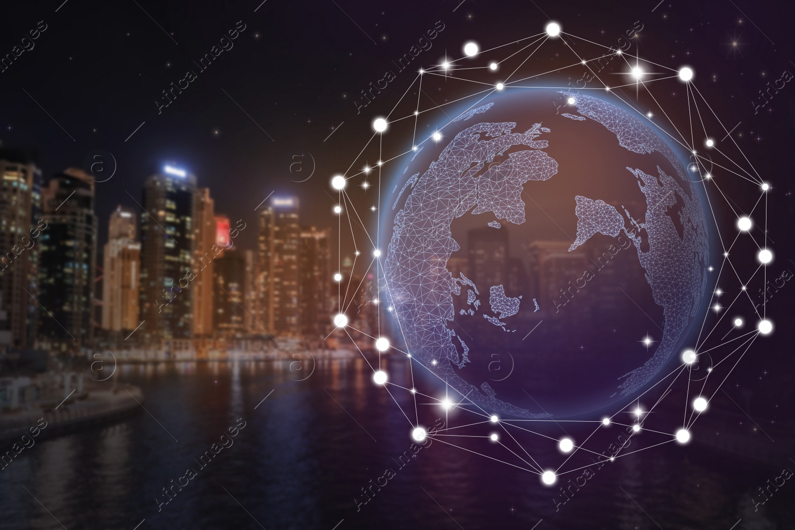 Image of Globe with network connection lines and night city. Modern technology