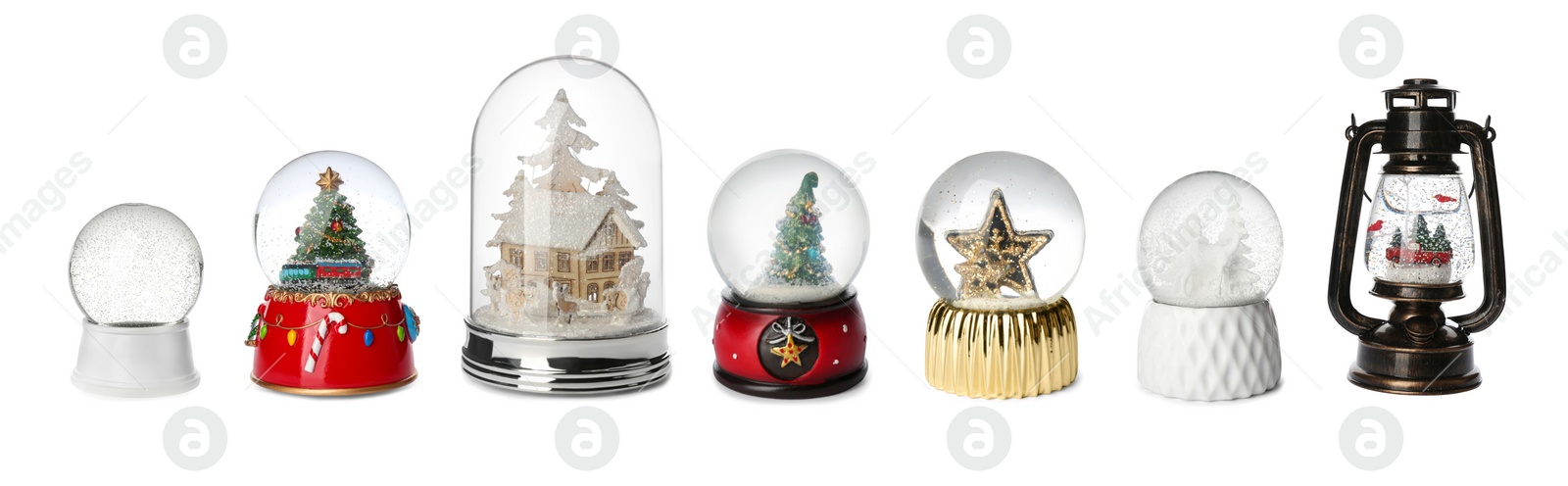 Image of Set of different beautiful snow globes on isolated on white. Banner design